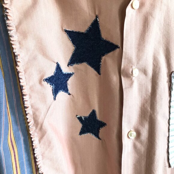 Mixed Plaid Button-Down Shirt, M-XL: Upcycled Boho Top, Applique Stars & Fringe - Picture 10 of 11